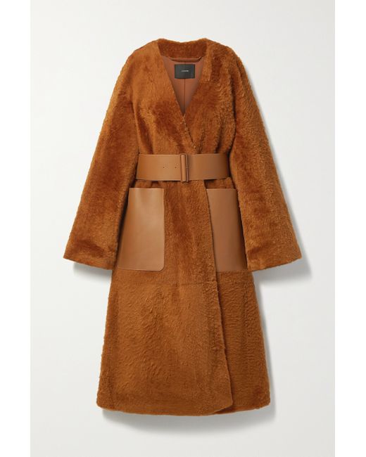 Joseph Caelan Belted Leather-trimmed Shearling Coat Copper