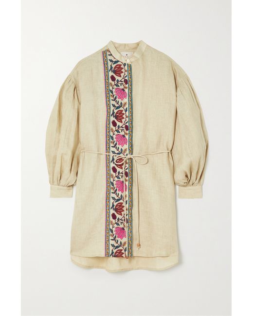 Hannah Artwear Frida Belted Embroidered Linen Mini Dress Neutral