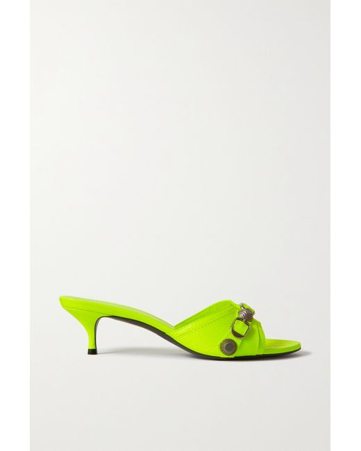 Balenciaga Cagole Studded Neon Crinkled-leather Mules