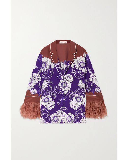 Valentino Feather-trimmed Printed Silk Crepe De Chine Shirt