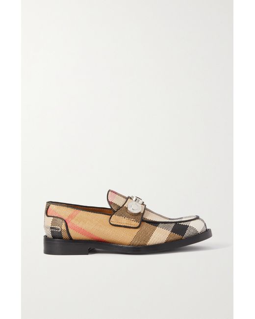 Burberry Embellished Leather-trimmed Checked Raffia Loafers