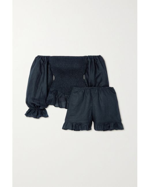 Sleeper Net Sustain Atlanta Shirred Linen Top And Shorts Set Navy