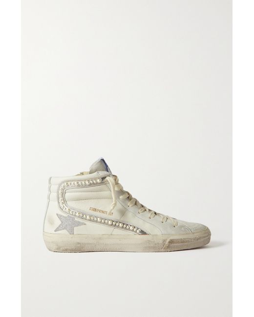 Golden Goose Slide Embellished Distressed Glittered Leather And Suede High-top Sneakers