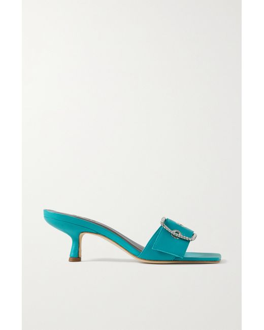 by FAR Davina Buckled Leather Mules Azure