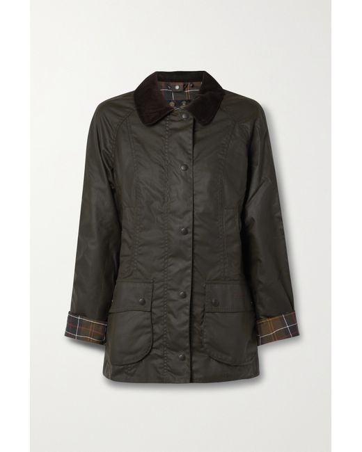 Barbour Beadnell Corduroy-trimmed Waxed-cotton Jacket Army