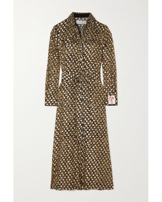 Golden Goose Belted Leopard-print Metallic Fil Coupé Chiffon Midi Shirt Dress Leopard print