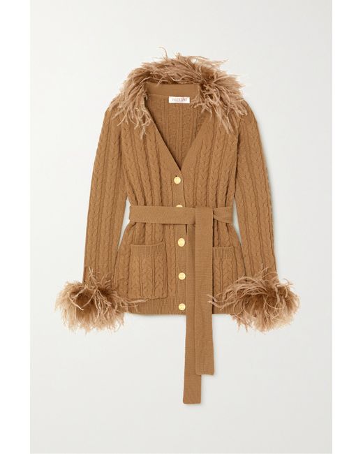 Valentino Belted Feather-trimmed Cable-knit Wool Cardigan