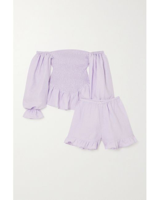 Sleeper Net Sustain Atlanta Shirred Linen Top And Shorts Set Lilac