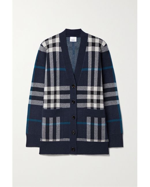 Burberry Checked Wool And Cashmere-blend Cardigan Navy