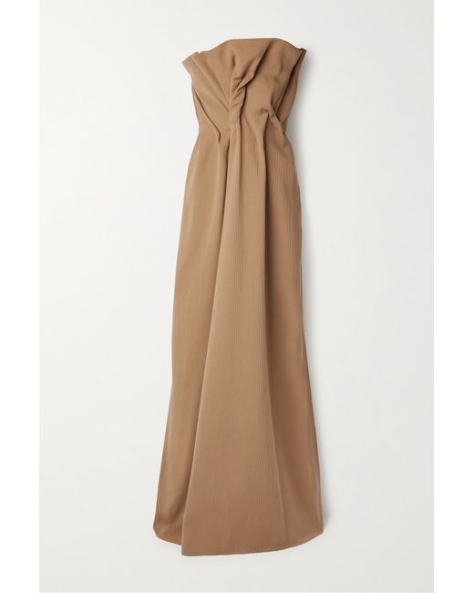 The Row Nimah Strapless Gathered Ribbed Wool And Cotton-blend Maxi Dress Camel