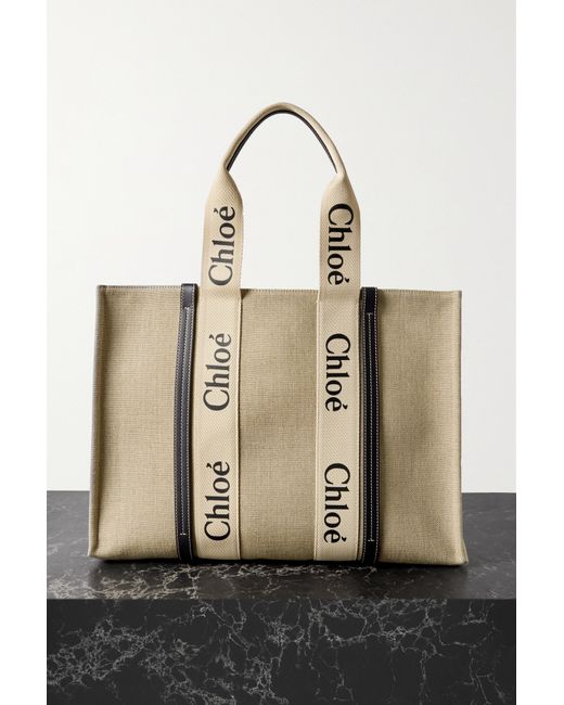 Chloé Woody Large Leather-trimmed Cotton-canvas Tote