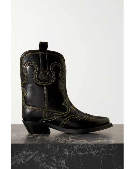 Ganni Embroidered Leather Ankle Boots