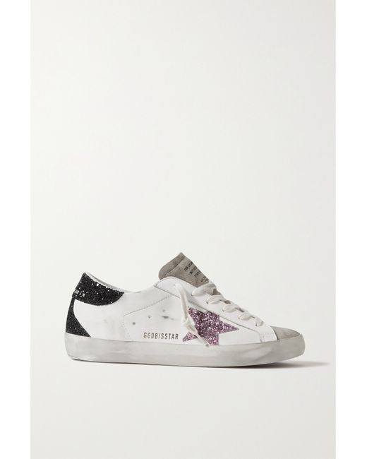 Golden Goose Superstar Distressed Glittered Leather Sneakers