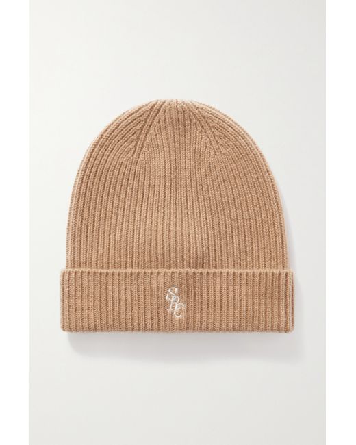 Sporty & Rich Embroidered Ribbed Cashmere Beanie Camel