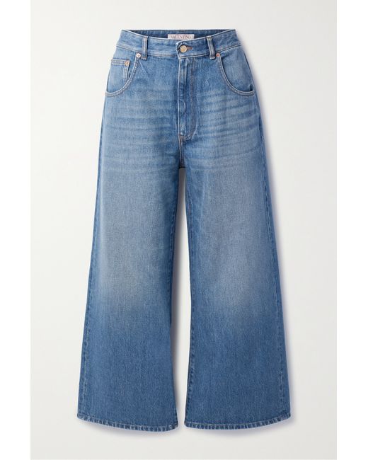 Valentino Chain-embellished Cropped High-rise Wide-leg Jeans Mid denim
