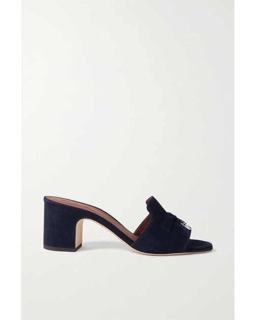 Loro Piana Summer Charms Embellished Suede Mules Navy