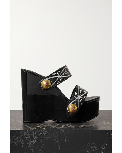 Pucci Embellished Embroidered Leather Wedge Sandals