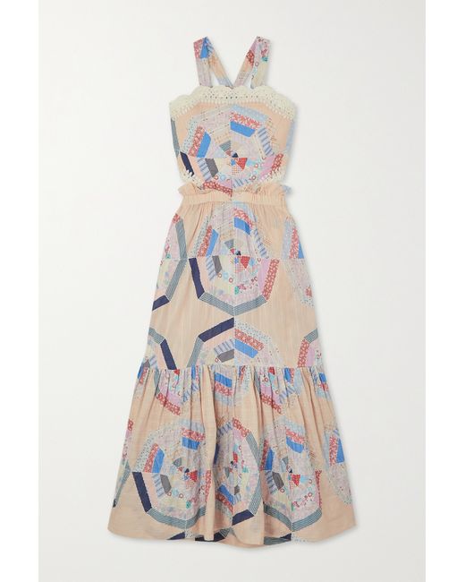 Sea Quin Cutout Crochet-trimmed Patchwork Printed Cotton Maxi Dress