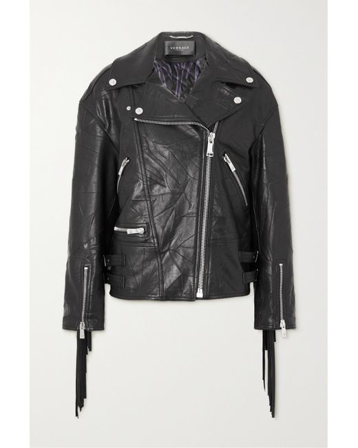 Versace Fringed Crinkled-leather Biker Jacket