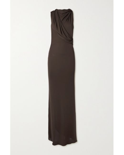 Saint Laurent Hooded Asymmetric Cutout Draped Knitted Maxi Dress Dark