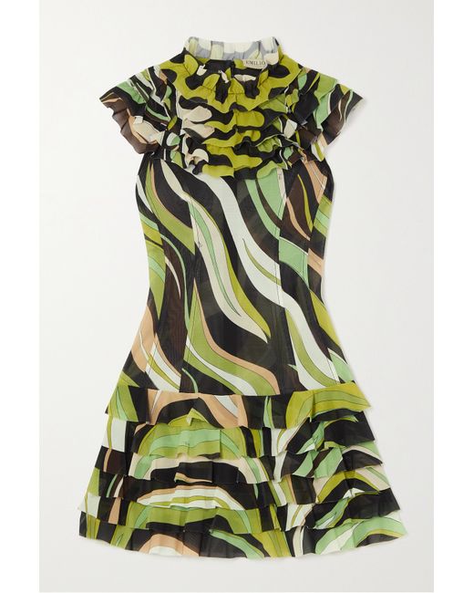 Pucci Ruffled Tiered Printed Stretch-mesh Mini Dress