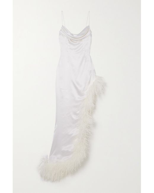Alessandra Rich Asymmetric Feather-trimmed Silk-satin Gown