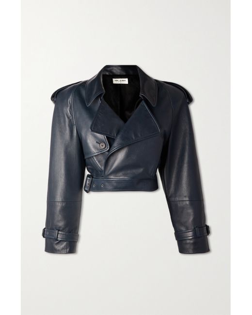 Saint Laurent Belted Cropped Leather Jacket Navy