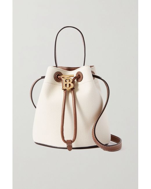 Burberry Mini Embellished Leather-trimmed Cotton-canvas Bucket Bag Neutral