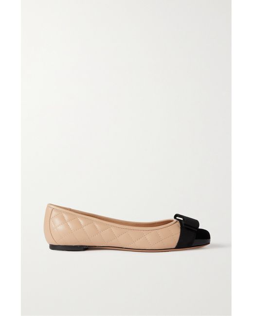 Ferragamo Varina Bow-embellished Quilted Smooth And Patent-leather Ballet Flats