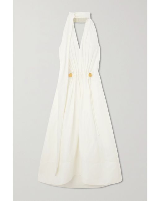 Bottega Veneta Embellished Tie-detailed Crinkled Woven Halterneck Midi Dress
