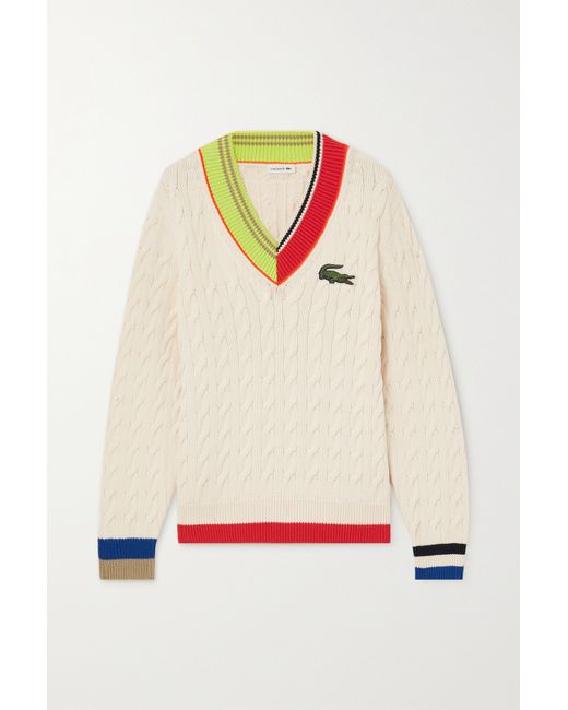 Lacoste Embroidered Cable-knit Cotton-blend Sweater