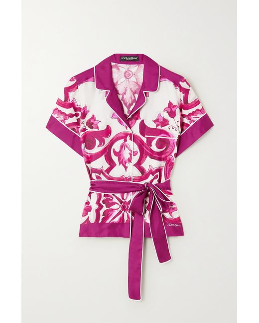 Dolce & Gabbana Belted Piped Printed Silk-twill Shirt