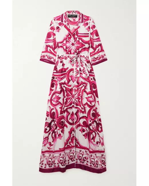 Dolce & Gabbana Belted Printed Silk-twill Maxi Shirt Dress