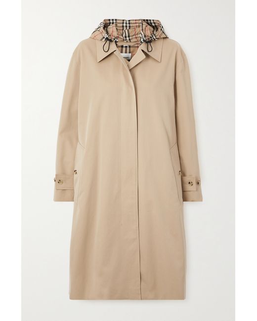 Burberry Hooded Checked Shell-trimmed Cotton-gabardine Trench Coat Neutral