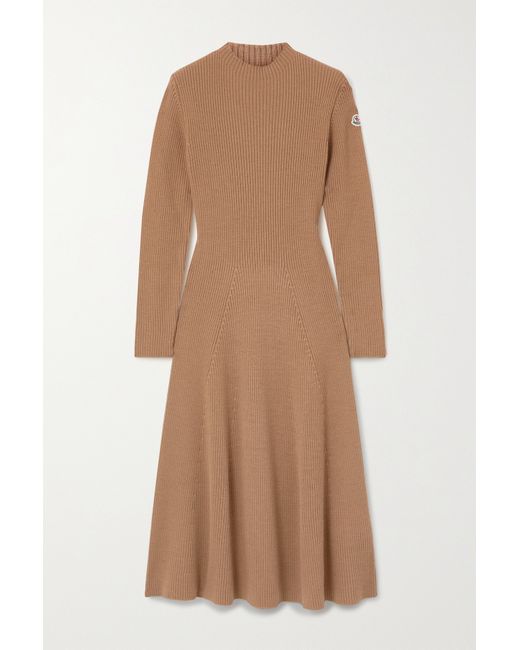 Moncler Ribbed Wool-blend Midi Dress Camel