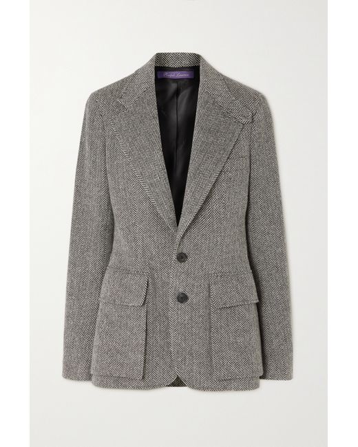 Ralph Lauren Collection Preston Leather-trimmed Herringbone Wool-blend Tweed Blazer