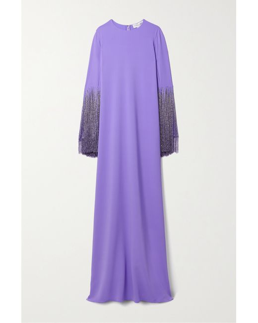 Oscar de la Renta Fringed Bead-embellished Silk-blend Crepe Gown