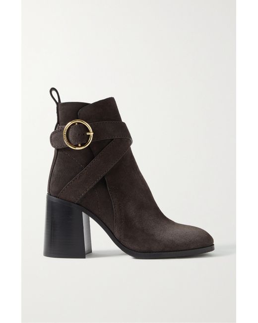 See by Chloé Lyna Buckled Suede Ankle Boots Charcoal