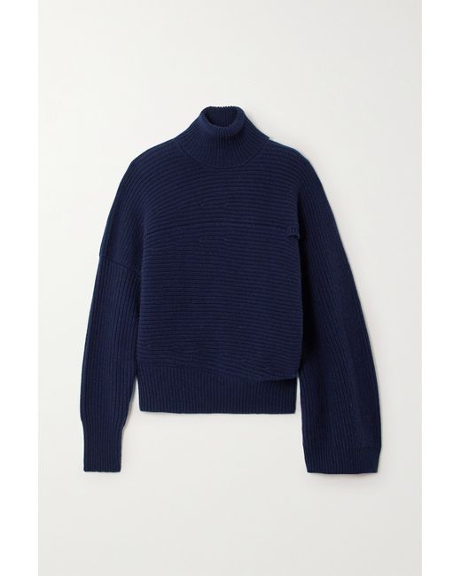 Stella McCartney Net Sustain Cape-effect Ribbed Recycled Cashmere-blend Turtleneck Sweater Navy