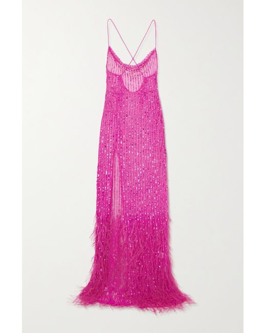 Retrofête Alessandra Feather-trimmed Embellished Tulle Maxi Dress