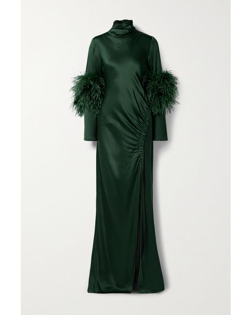 Lapointe Feather-trimmed Ruched Satin Gown