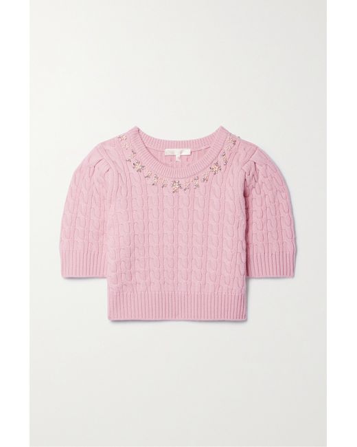 Loveshackfancy Chapelle Cropped Embellished Cable-knit Merino Wool Sweater