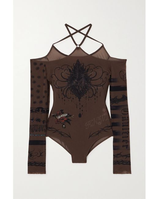 Jean Paul Gaultier Knwls Cold-shoulder Printed Stretch-jersey Bodysuit