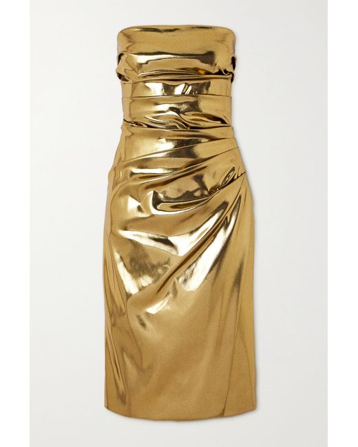 Dolce & Gabbana Strapless Ruched Metallic Coated-satin Dress