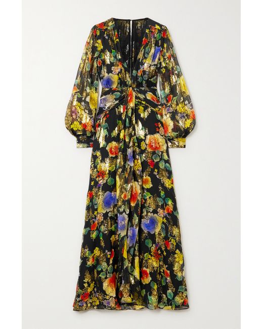 rixo Meera Gathered Floral-print Metallic Fil Coupé Silk-blend Maxi Dress