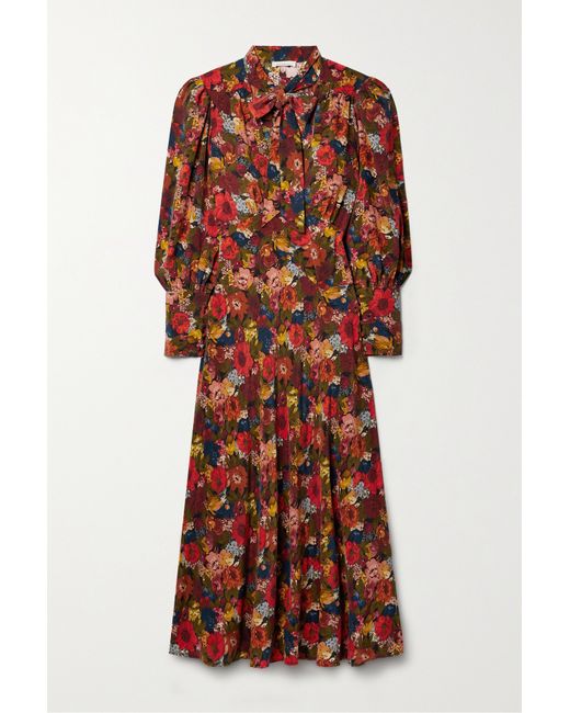 Dôen Blossom Pussy-bow Floral-print Silk-crepe Maxi Dress