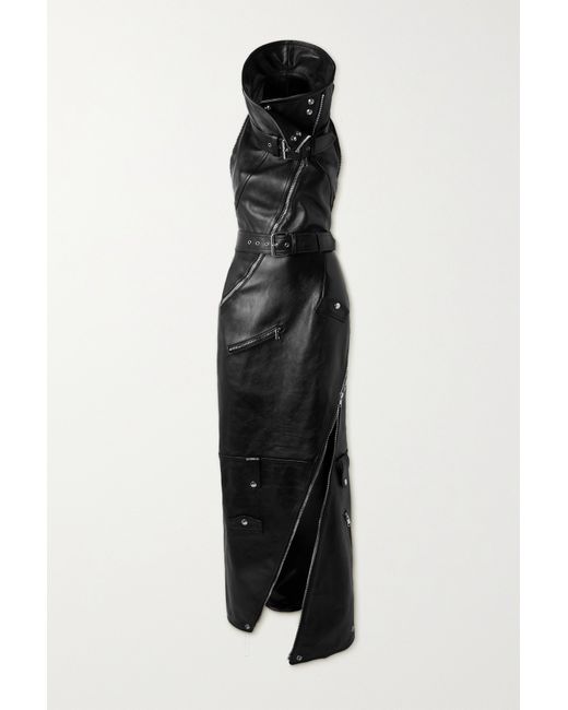 Alexander McQueen Asymmetric Embellished Leather Halterneck Maxi Dress