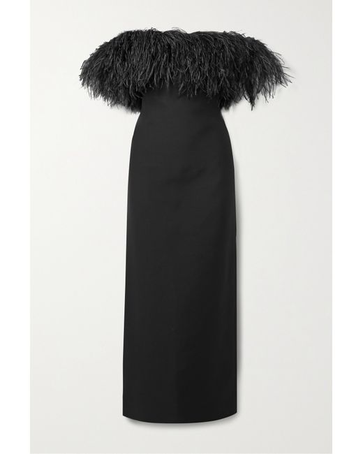 Valentino Garavani Off-the-shoulder Feather-trimmed Wool And Silk-blend Crepe Gown