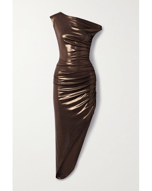 Norma Kamali Asymmetric Draped Ruched Stretch-lamé Dress Chocolate