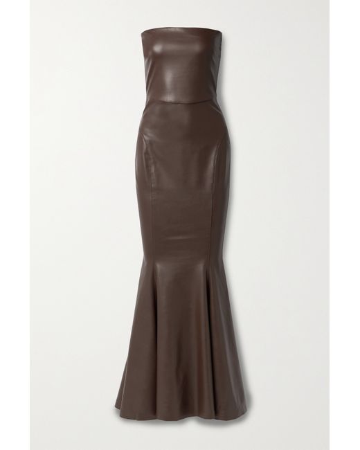 Norma Kamali Strapless Faux Leather Maxi Dress Chocolate